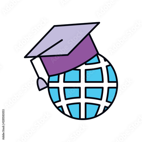 Vector illustration of a globe wearing a graduation cap, symbolizing global education, international learning, and academic achievement around the world