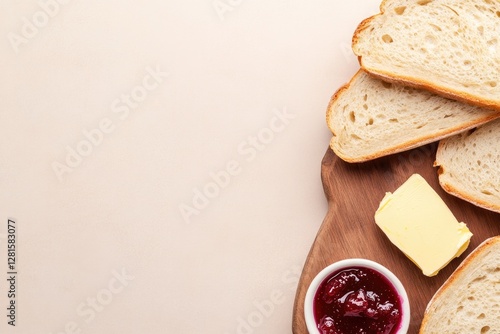 Freshly sliced bread arranged on wooden board with butter and ja