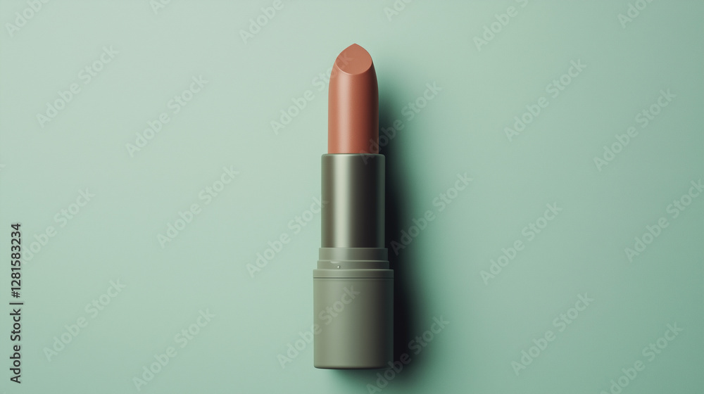 Lipstick tube in a neutral shade placed on a light green background creating a minimalist aesthetic. Generative AI Lipstick tube in a neutral shade placed on a light green background creating a minimalist aesthetic. Generative AI