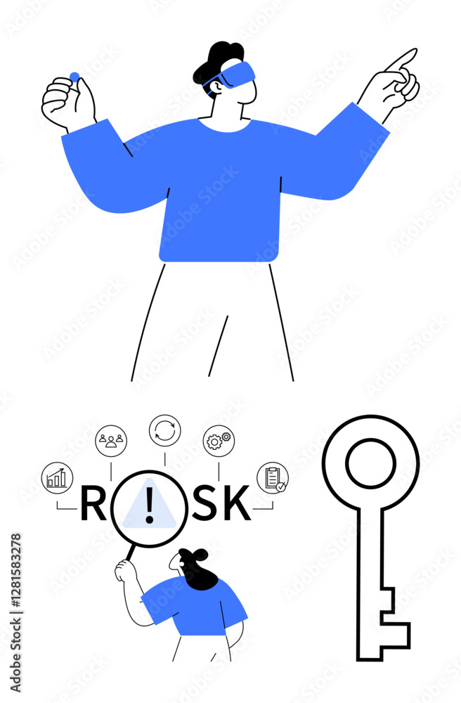 Blindfolded figure pointing, individual analyzing RISK text with icons, large key symbol. Ideal for problem-solving, decision-making, foresight, security, challenges, leadership abstract line flat