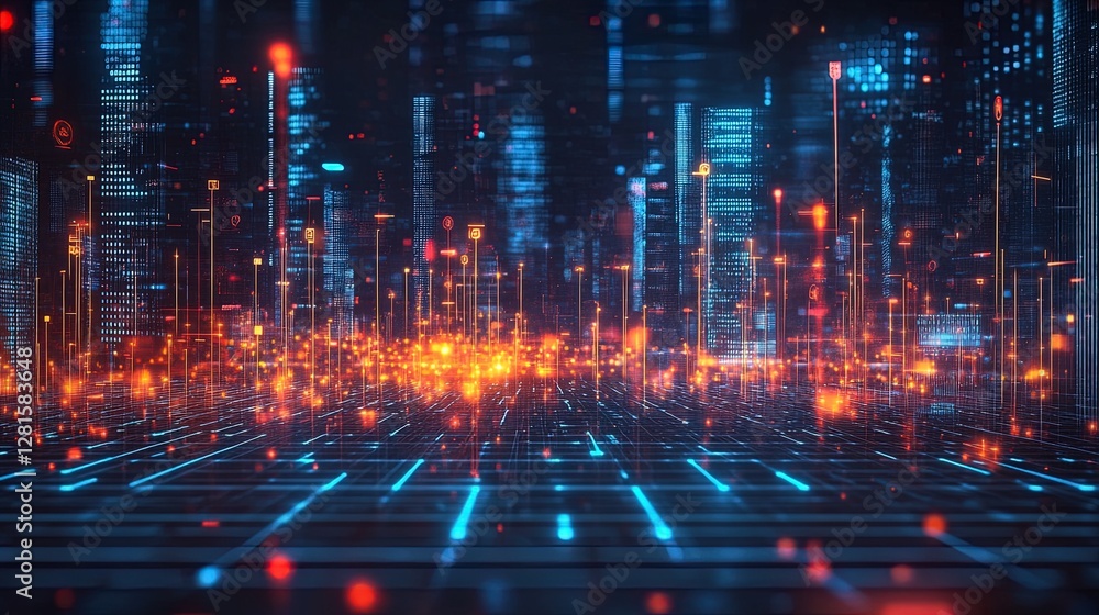 Futuristic corporate business scene with glowing data symbols, abstract success pathways, and modern office structures Futuristic corporate business scene with glowing data symbols, abstract success pathways, and modern office structures