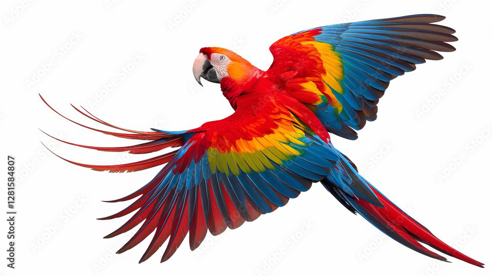 Fototapeta premium Scarlet Macaw in Flight Vibrant Tropical Bird Wings Spread Exotic Parrot