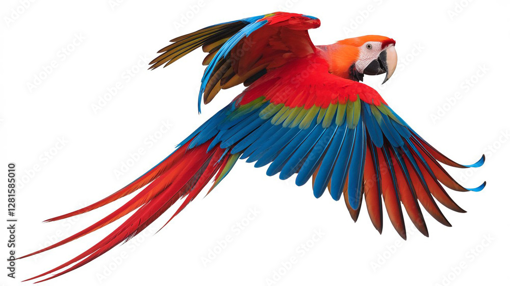 Fototapeta premium Scarlet Macaw in Flight Vibrant Tropical Bird Wingspan Feathers Wildlife