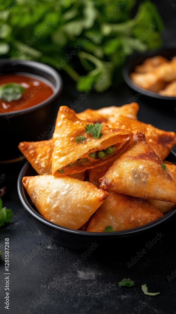 A bowl of freshly fried samosas served with a dipping sauce, garnished with fresh cilantro. Perfect for promoting Indian cuisine, appetizers, and street food. A bowl of freshly fried samosas served with a dipping sauce, garnished with fresh cilantro. Perfect for promoting Indian cuisine, appetizers, and street food.