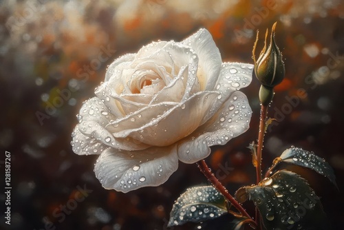 crystalline dewdropcovered white rose in macro ethereal backlight pure minimalist composition hyperrealistic detail