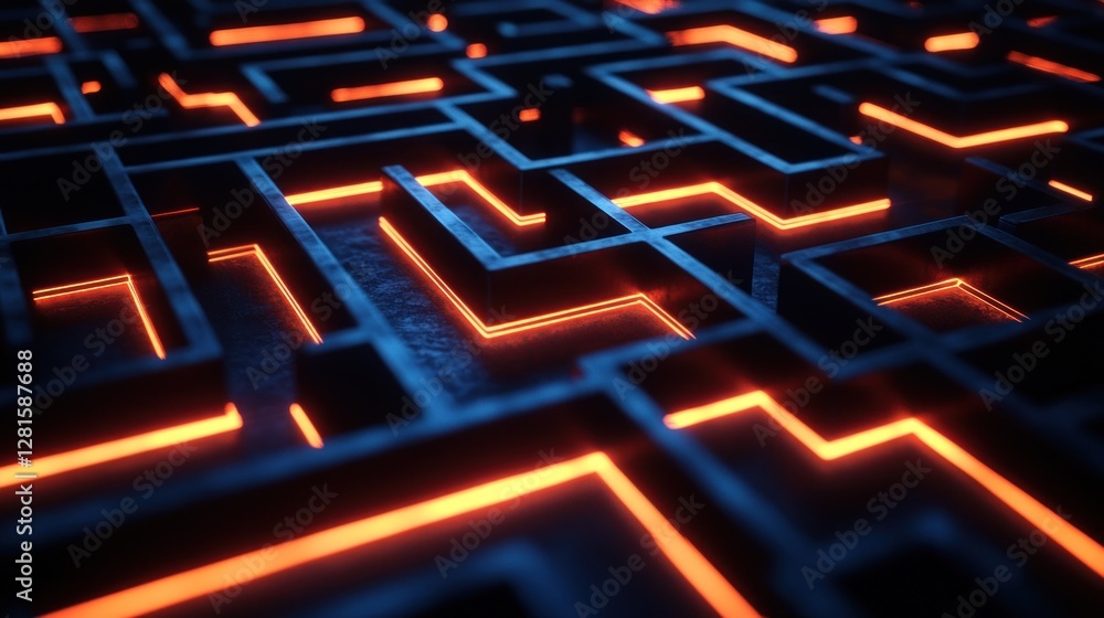 Neon Maze: A 3D Render of Intricate Paths and Glowing Lines Neon Maze: A 3D Render of Intricate Paths and Glowing Lines