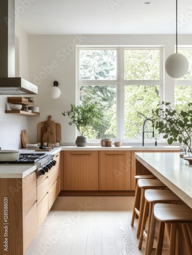 A modern kitchen design featuring a natural light and wooden cabinets photo