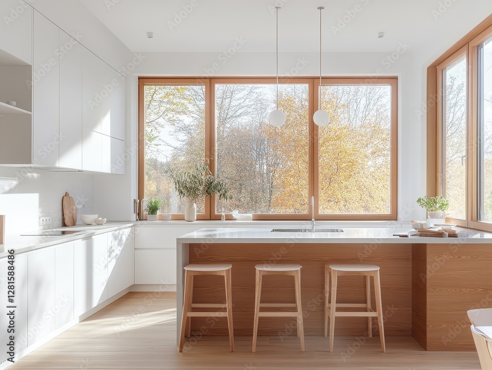 Fototapeta premium An elegant white minimalist kitchen with a large window