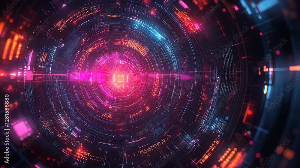 Futuristic abstract background with interconnected glowing tech icons, data patterns, and digital grids Futuristic abstract background with interconnected glowing tech icons, data patterns, and digital grids