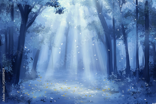 Wallpaper Mural Illustration of a misty forest in the early morning, with dew on the leaves and soft beams of light filtering through the trees. The tranquil atmosphere of the scene invites calm reflection and a deep Torontodigital.ca