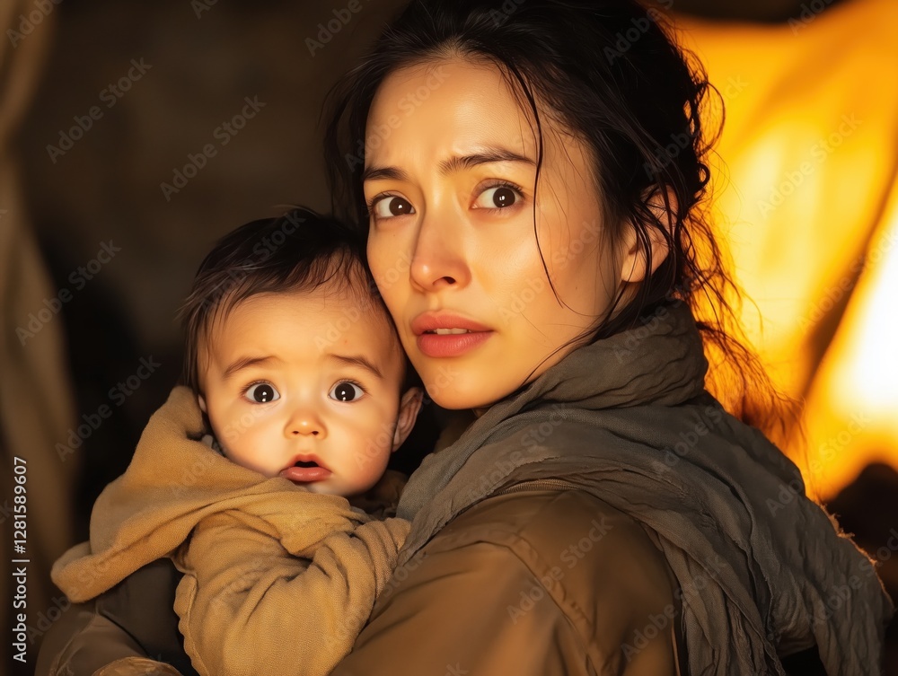 Impact of climate change reflected in the worried eyes of a mother holding her child amidst environmental distress Impact of climate change reflected in the worried eyes of a mother holding her child amidst environmental distress