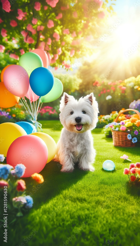 Obraz premium Happy Westie with Balloons in Colorful Garden