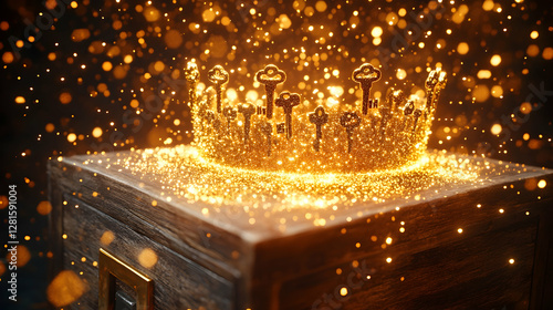 Golden key crown on wooden box, sparkling background, success concept, stock photo