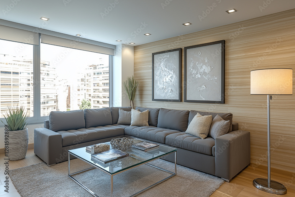 Fototapeta premium Modern Apartment Living Room with City View