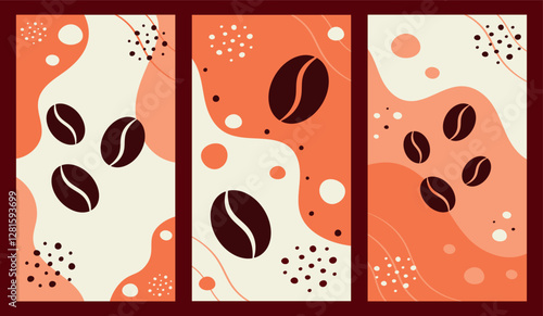 Set of posters with coffee beans on brown background. Abstract banners with coffee design. Template for advertising, posters, social media, decorations, cards. Design element. Vector illustration.