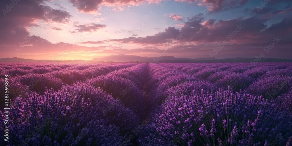 A field of blooming lavender at sunset makes a stunning backdrop A field of blooming lavender at sunset makes a stunning backdrop