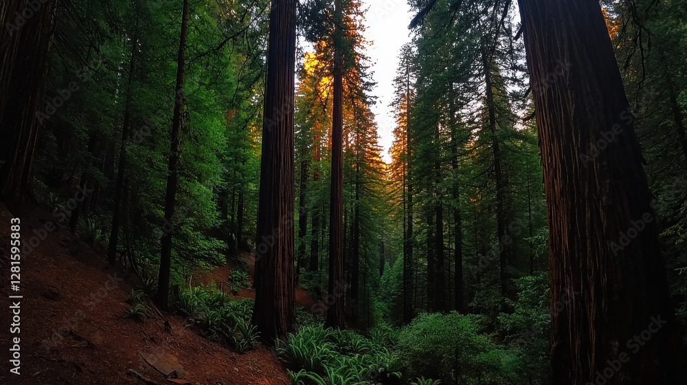 Naklejka premium Majestic redwood forest with towering trees and earthy scent