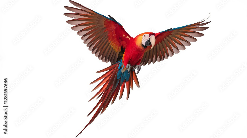 Fototapeta premium Scarlet Macaw in Flight Wings Spread Exotic Bird Vibrant Feathers Tropical Bird Wildl
