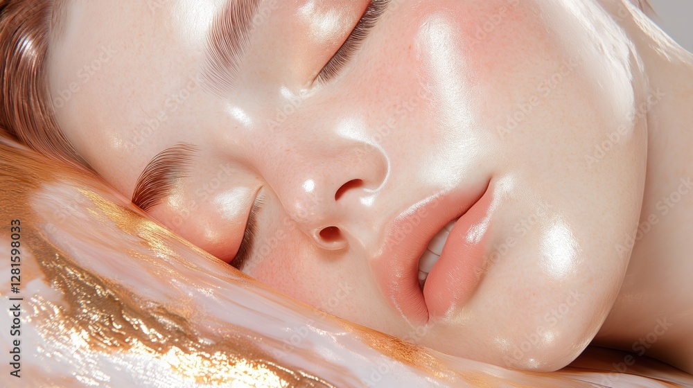 Fototapeta premium A close-up of a young woman with soft, glowing skin, creating a serene, ethereal vibe with gentle light reflecting off her face. Perfect for beauty, skincare, or relaxation-themed websites, ads, or a