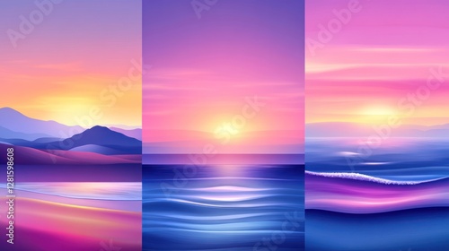 Vibrant Sunset Landscapes Over Mountains and Ocean Waves