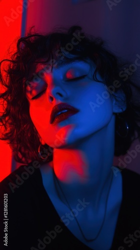 Captivating expression in vibrant blue and red hues under soft lighting