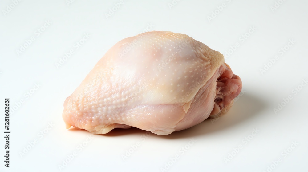 A fresh raw chicken thigh, with skin on, showcasing the smooth, pale texture, displayed against a blank white background A fresh raw chicken thigh, with skin on, showcasing the smooth, pale texture, displayed against a blank white background