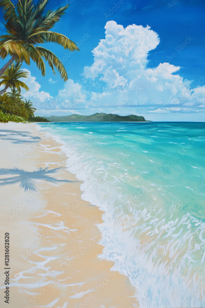 Illustration of a tropical beach with gentle waves rolling in, soft white sand, and palm trees swaying in the breeze. The vibrant blue sky and crystal clear waters set a serene, relaxing tone. Illustration of a tropical beach with gentle waves rolling in, soft white sand, and palm trees swaying in the breeze. The vibrant blue sky and crystal clear waters set a serene, relaxing tone.