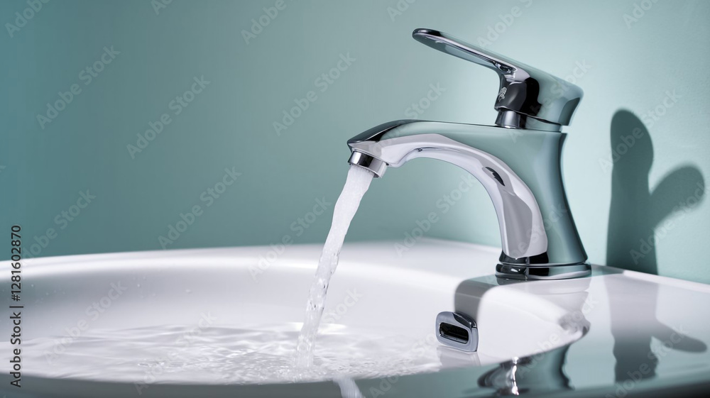 Modern Chrome Faucet Running Water in White Sink Bathroom Interior Design Modern Chrome Faucet Running Water in White Sink Bathroom Interior Design