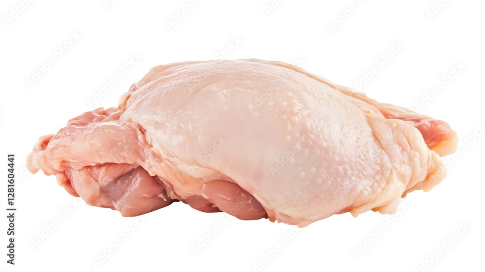 A fresh raw chicken thigh, with skin on, showcasing the smooth, pale texture, displayed against a blank white background A fresh raw chicken thigh, with skin on, showcasing the smooth, pale texture, displayed against a blank white background