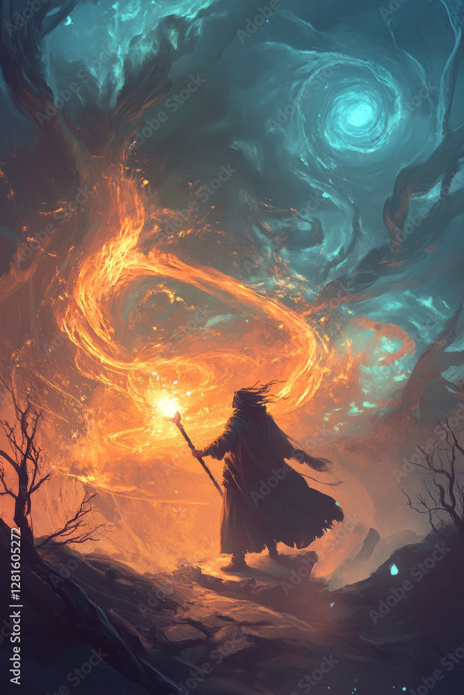 Fototapeta premium Illustration of a young wizard casting a spell with a glowing staff, surrounded by swirling magical energy. The scene evokes a sense of adventure and mystery, transporting the viewer to a world of