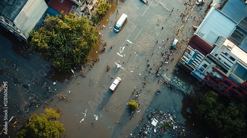 Aerial view Flood-stricken city, rescue efforts, debris