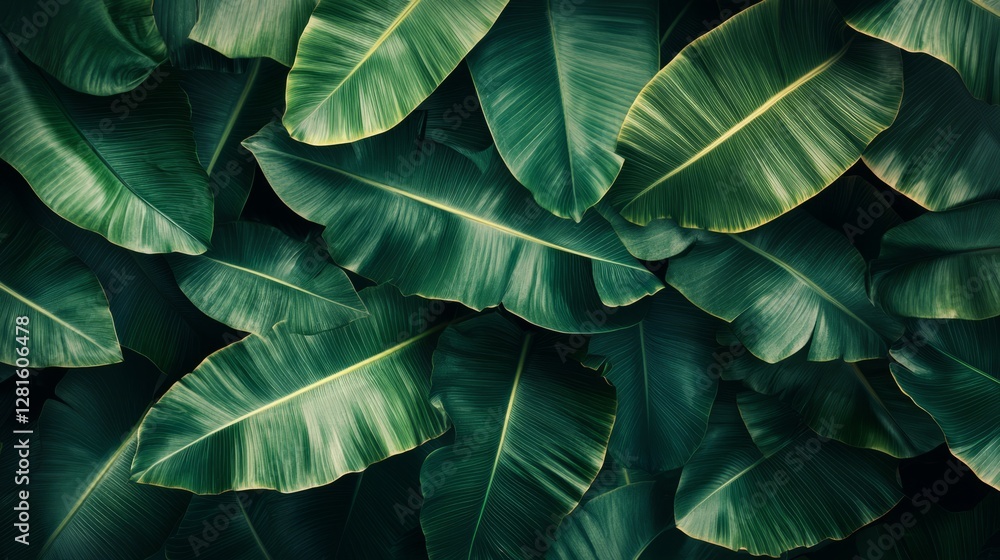 Obraz premium Luxurious tropical leaves pattern with rich banana leaves and palm fronds, detailed wallpaper design in deep green tones and subtle highlights