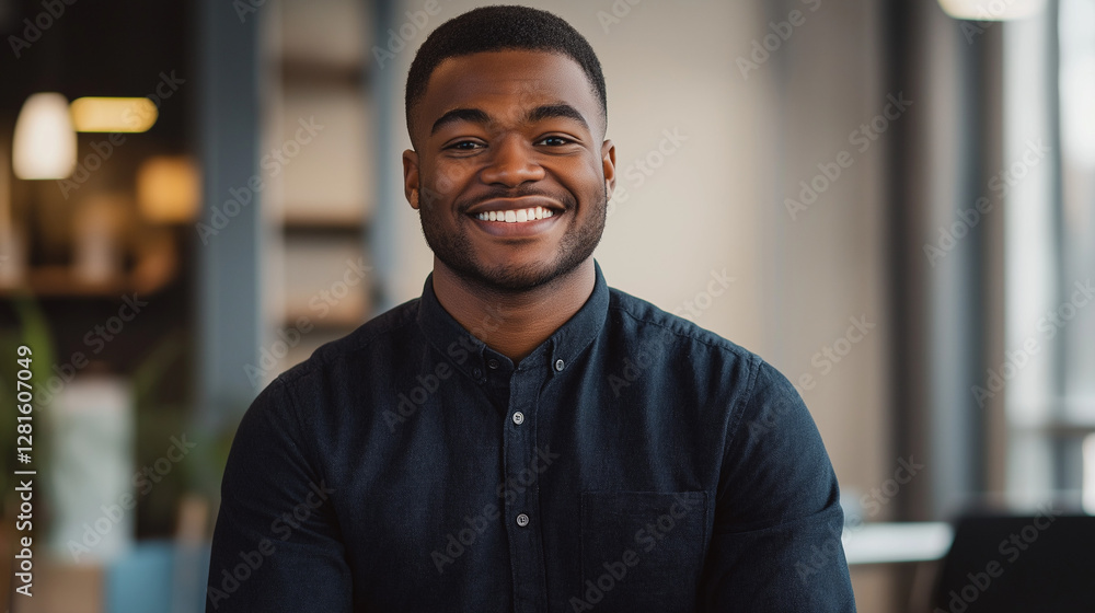Obraz premium Entrepreneur with a confident smile, modern tech office in the background, sharp lighting, isolated PNG