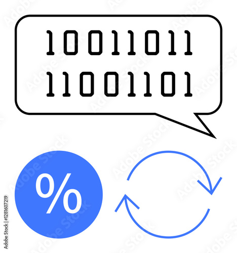 Binary code string inside speech bubble, blue percentage sign, and refresh arrow symbol. Ideal for data analysis, computing, code, binary systems, iterative processes, communication and technical