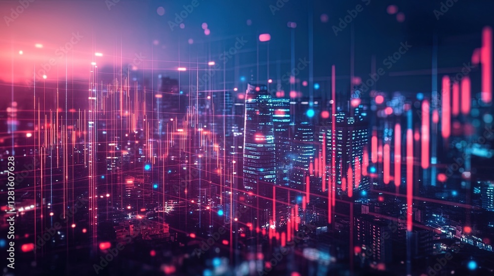 Business success concept represented by glowing data streams, digital financial symbols, and futuristic office buildings Business success concept represented by glowing data streams, digital financial symbols, and futuristic office buildings