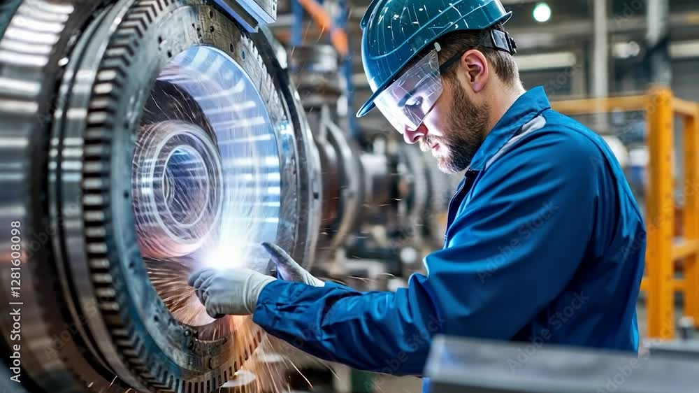 Factory worker inspecting large machine. Factory worker inspecting large machine.