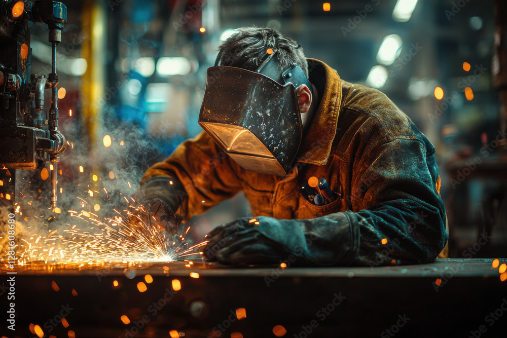 Craftsmanship shines brightly as sparks illuminate a dedicated welder's focus in an industrial workshop during the evening hours of creativity and skill Craftsmanship shines brightly as sparks illuminate a dedicated welder's focus in an industrial workshop during the evening hours of creativity and skill