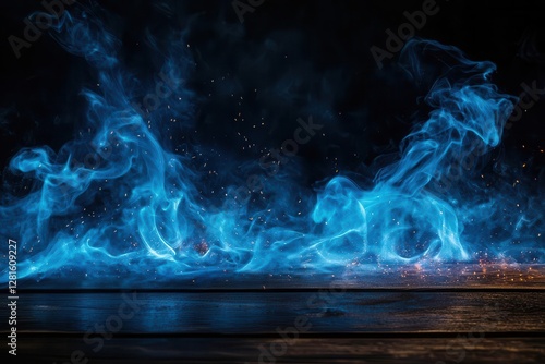dark wooden table with ethereal blue flames dancing along edges dramatic smoke tendrils rising sparks floating against black background