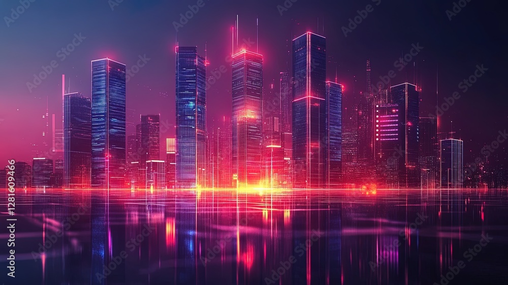 Business innovation theme with dynamic data, glowing financial symbols, and futuristic corporate buildings Business innovation theme with dynamic data, glowing financial symbols, and futuristic corporate buildings