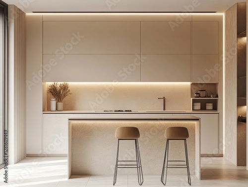 The contemporary kitchen showcases a modern design with warm lighting