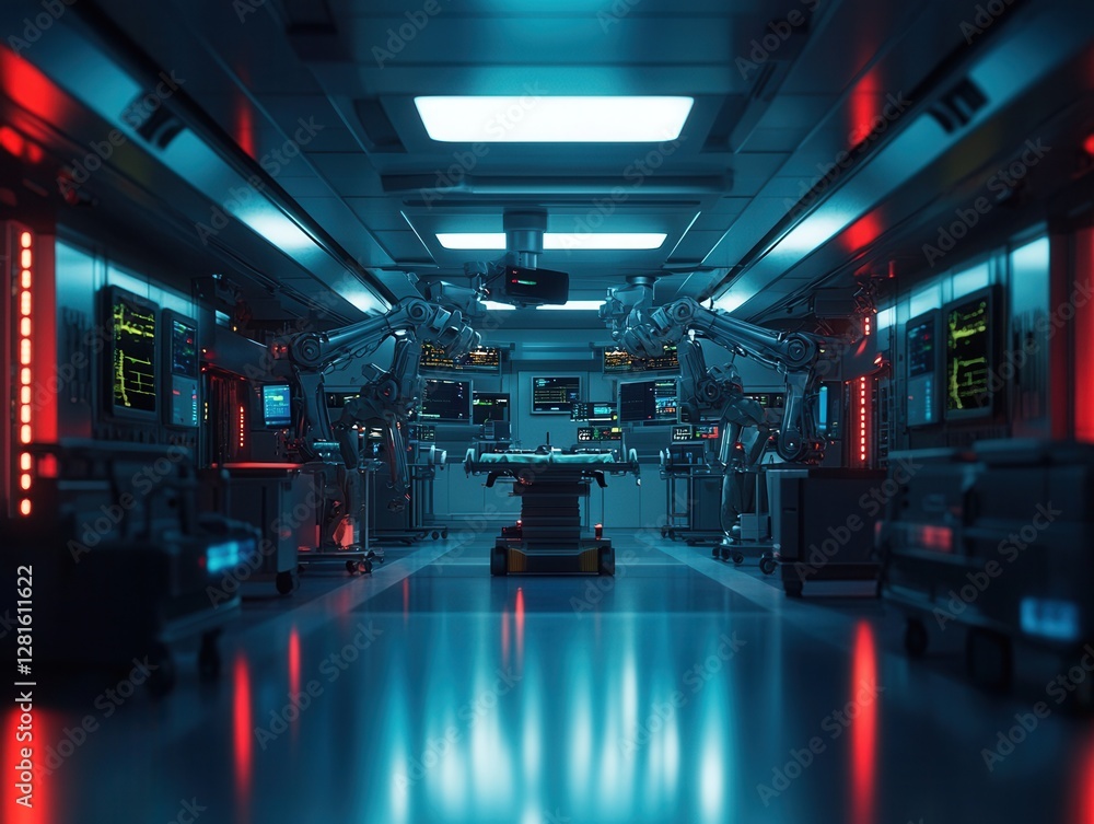 High-tech operating room featuring advanced robotic surgery technology and surgical operations in a modern medical facility. Generative AI High-tech operating room featuring advanced robotic surgery technology and surgical operations in a modern medical facility. Generative AI