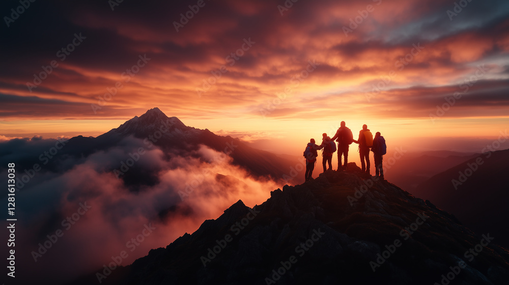 A group of people watching the sunset over the mountains. A group of people watching the sunset over the mountains.