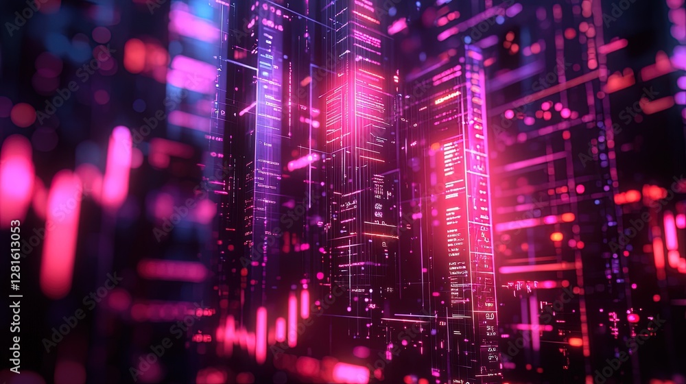 Obraz premium Abstract representation of business success with glowing graphs, digital money symbols, and corporate elements