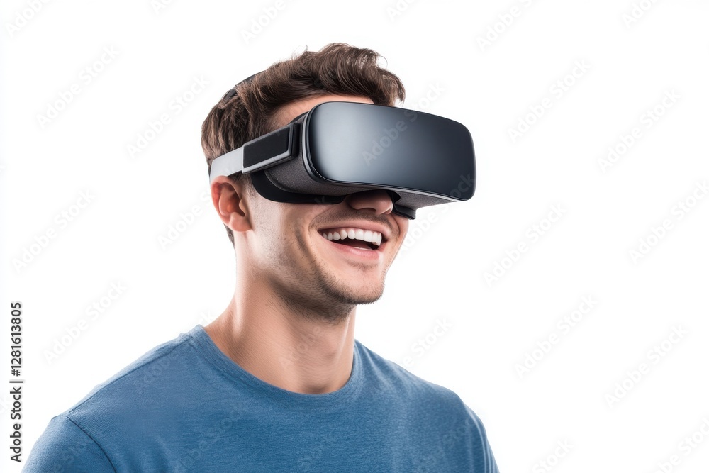 Young man smiling while using virtual reality headset in bright setting Young man smiling while using virtual reality headset in bright setting