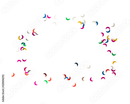 Colorful crescent shapes scattered in circular pattern, creating vibrant design