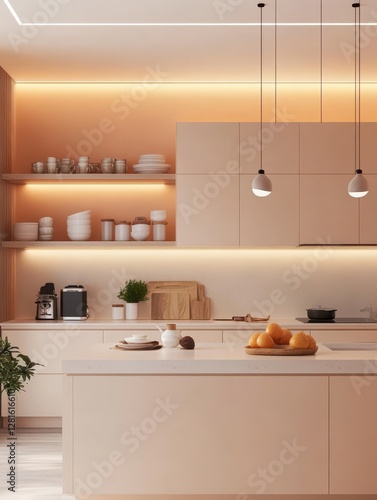 Modern kitchen design features contemporary lighting and minimalist interior