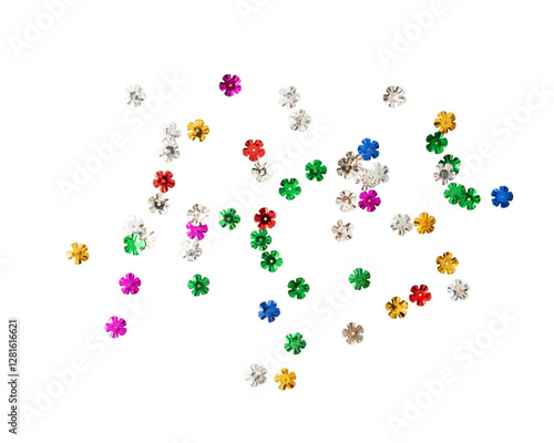 Obraz na plátně Colorful flower shaped sequins scattered on transparency background, perfect for
