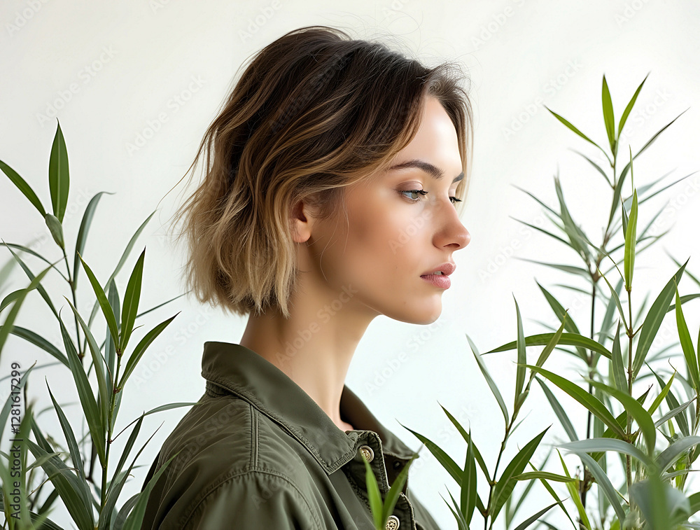 Fototapeta premium Portrait of a woman with short hair surrounded by green plants in a bright indoor setting during daytime