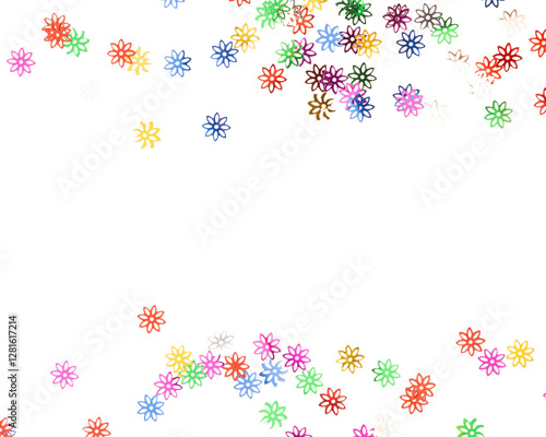 Colorful flowers scattered on transparency background create vibrant and cheerful atmosphere