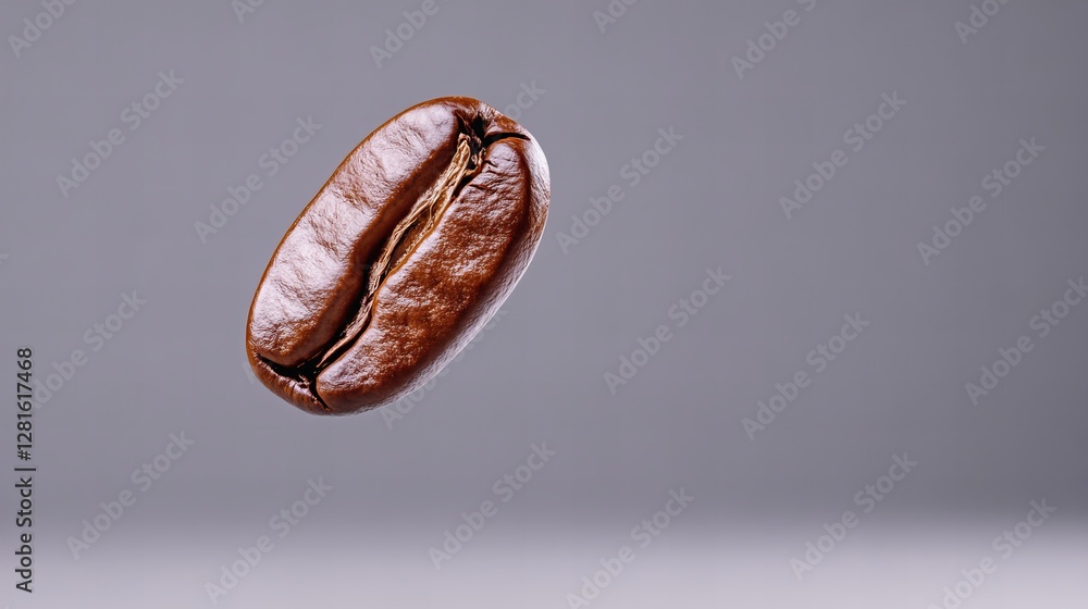 Single roasted coffee bean in midair against a neutral gray background. Rich brown tones. Single roasted coffee bean in midair against a neutral gray background. Rich brown tones.